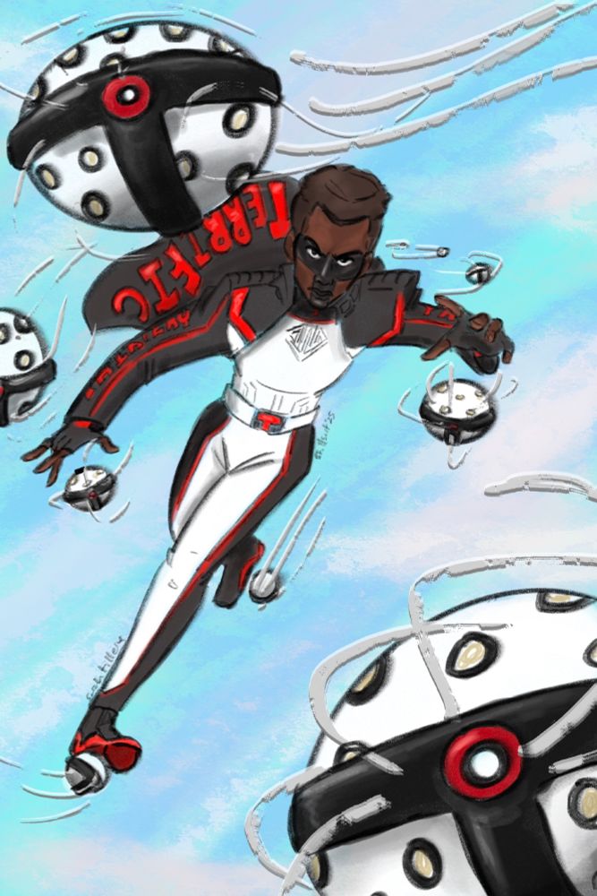 digital illustration, Mr. Terrific flying through the sky like a skater on his t-spheres.