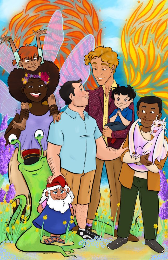 a digital illustration of The House in the Cerulean Sea characters, gathered together for a picture, on the shore with the beach and lavender around them, and Arthur's wings out. 