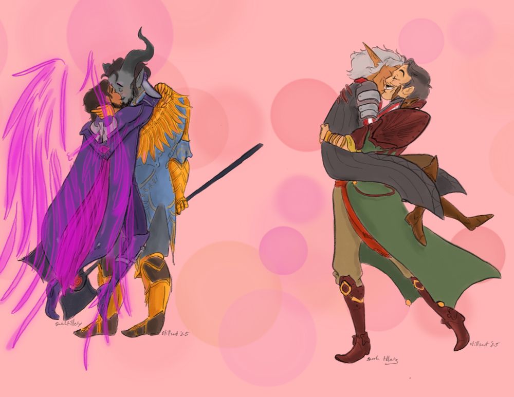 digital art in color, pink background, lucanis with his wings out jumping to give a qunari rook a big smooch; second picture emmrich spins and kisses elf rook
