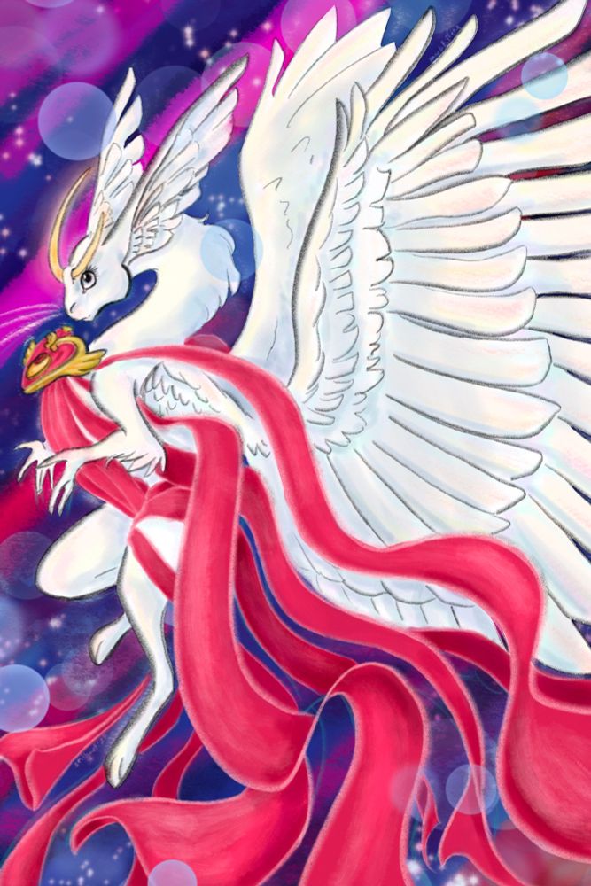 digital color illustration of Sailor Moon as a rabbit themed swan winged dragon with a crescent moon as her horns. Pink ribbons emerge from her and her brooch as she is midtransformation.