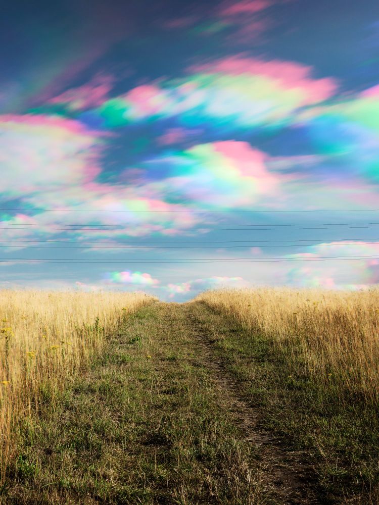 A low-angle shot captures a narrow dirt path cutting through a field of golden-brown wheat, leading towards a hazy horizon. The sky above is dramatically split: the lower half is a soft blue with faint white clouds, while the upper half explodes with vibrant, psychedelic clouds in shades of pink, blue, and green, resembling an oil slick or a trichromatic effect. A few faint power lines are visible stretching across the middle of the sky. The overall impression is one of surreal beauty and a journey into the unknown.