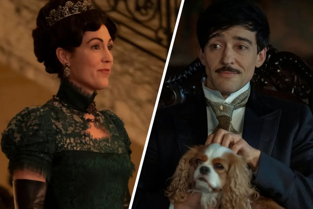 A woman in a green dress wearing a tiara looking fabulous / a gay mustachioed man looking smarmy and petting a dog.