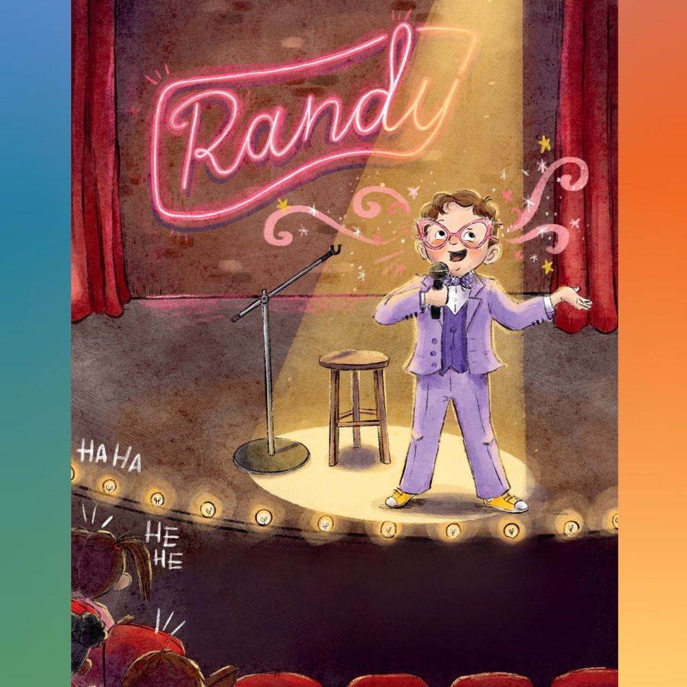 An image from a picture book. A young boy with curly brown hair wearing a purple suit stands on stage under a spotlight. He is holding a microphone. He is also wearing pink, sparkly cat eye glasses which have wisps of pink sparkly magic emanating from them. Behind him on a brick wall is a neon pink sign that says 'Randy', the boy's name.