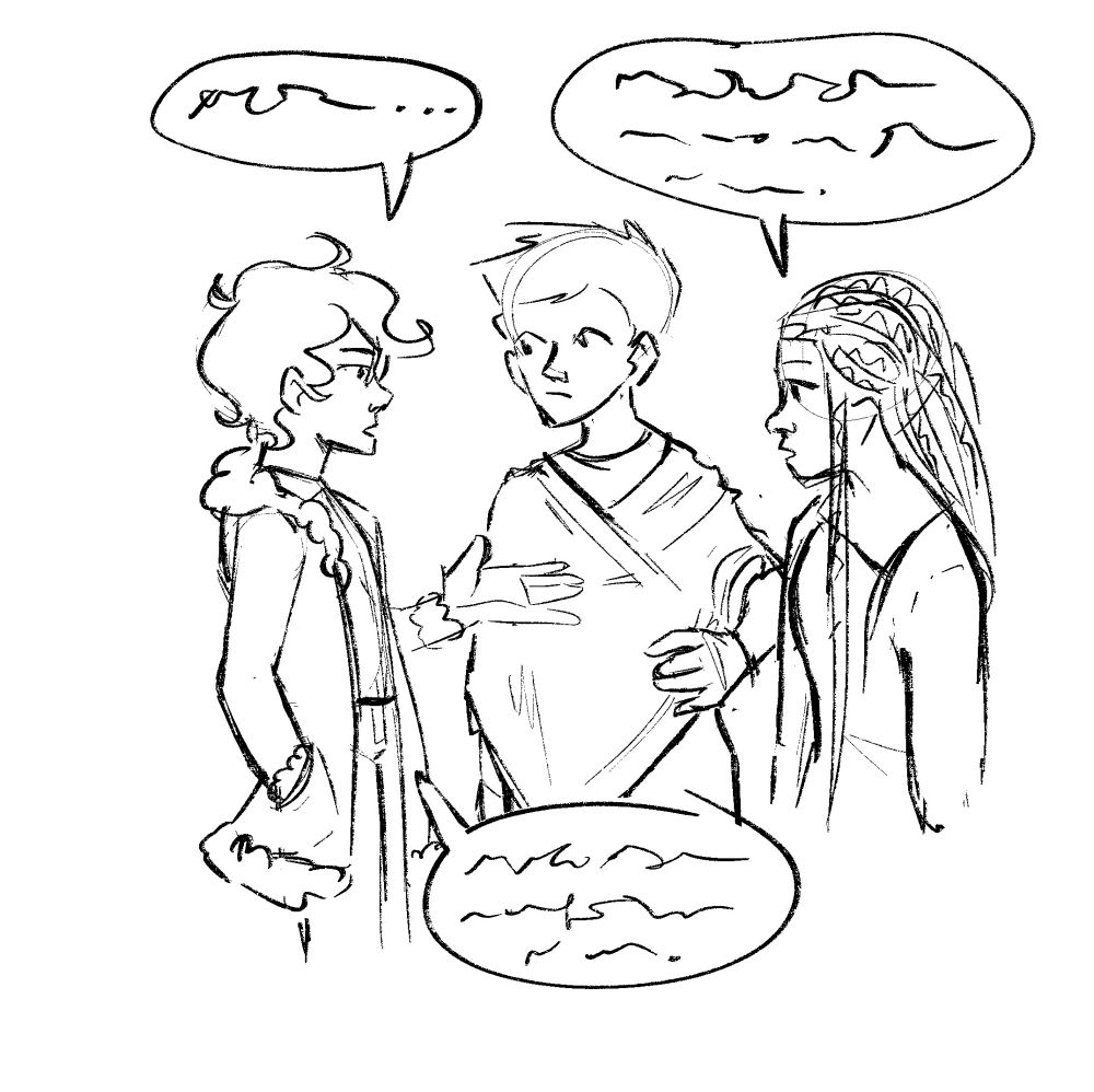 A sketch of three characters standing next to each other chatting. There are speech bubbles, but the speech bubbles are full of scribbles. They continue speaking in their language.
