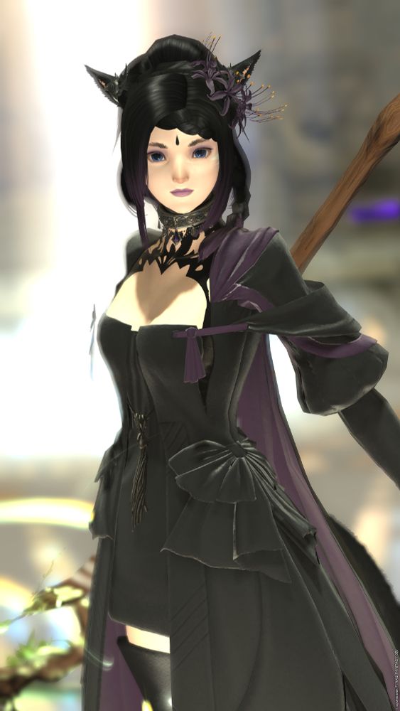 an ingame screenshot from FFXIV of a black and purple haired miqo'te in a black and purple dress