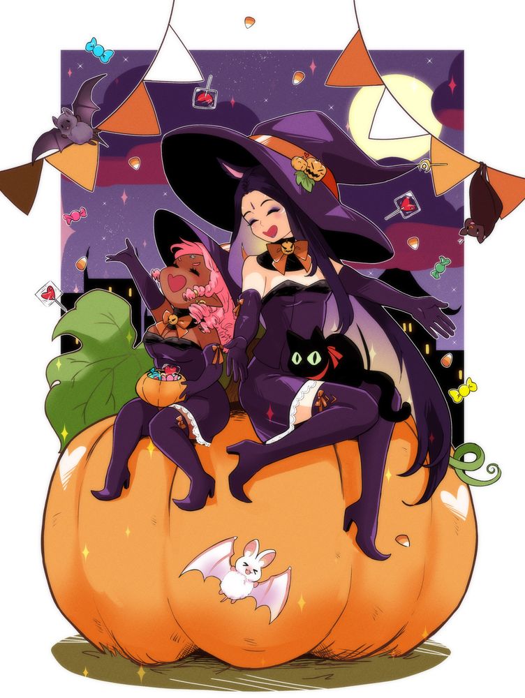 (FFXIV)A festive Halloween/All Saint's Wake picture with two people sitting on top of a very large pumpkin. Both people are wearing purple witch attire, one is a pink haired lalafell, and the other is a purple haired Miqo'te. They both have large smiles on their faces as they toss candy into the air. Bats are flying around, and there's a black coeurl kitten in the miqo'te's lap.