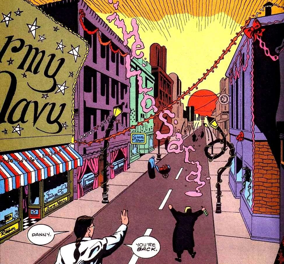 A panel from Doom Patrol showing Danny the Street welcoming people back. 