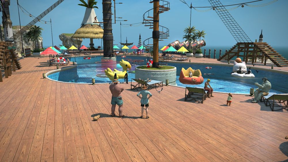 August and gilgrim on the deck of the ship looking towards the pool