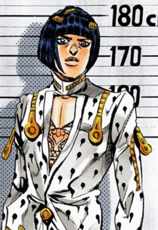 Bruno bucciarati standing in front of height measurement black hair blue eye funny haircut man