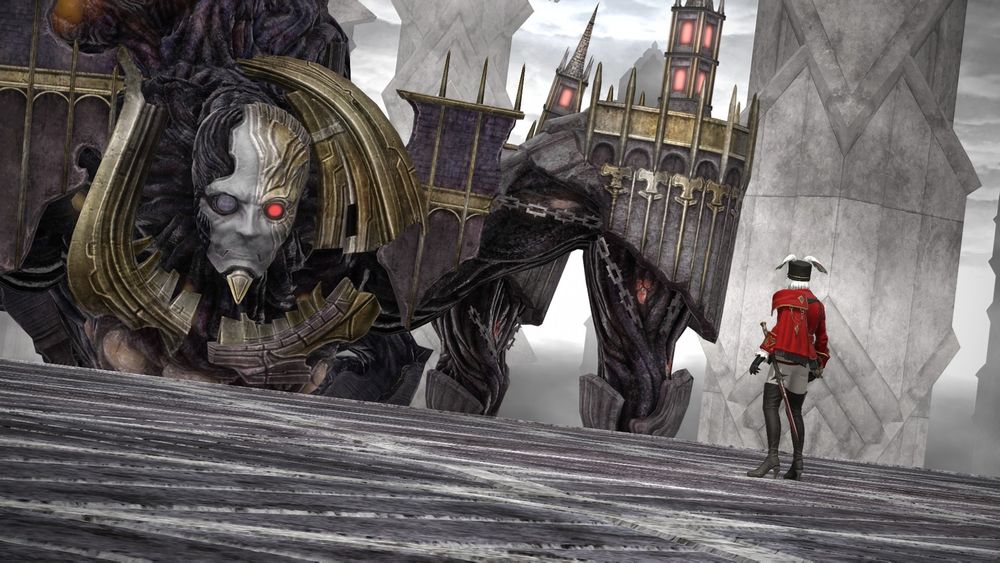 A man in red coat facing off with a giant creature with a porcelain face and glowing eye that has buildings for a body