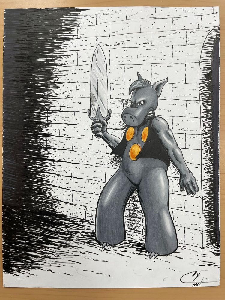 Finished drawing of Cerebus with grey tones and some color.