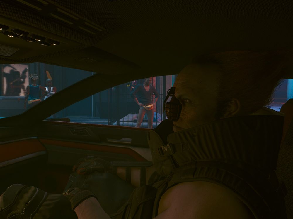 screenshot from CP2077 with BOZO in the car