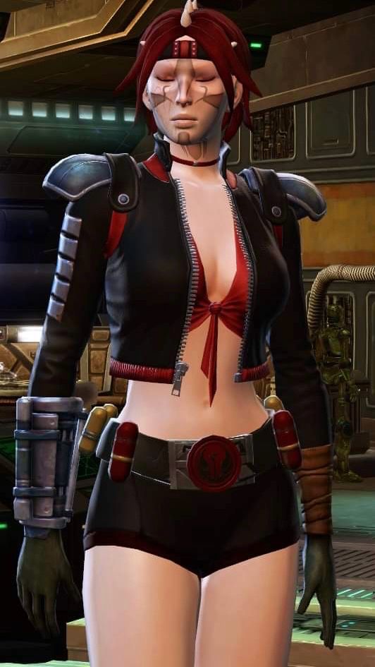 Screenshot of my SWTOR character Lizunda (she’s blinking in the photo)