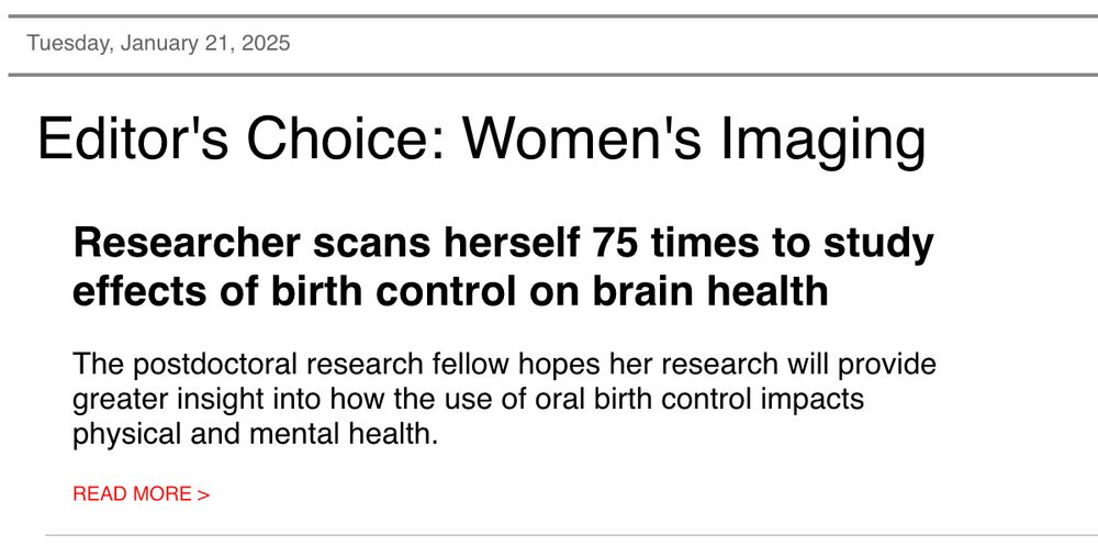 Article headline "Researcher scans herself 75 times to study effects of birth control on brain health"