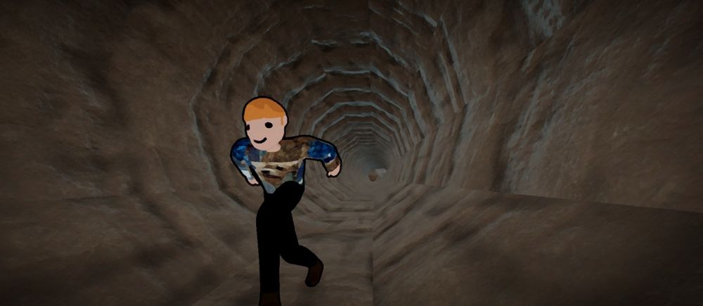 A screenshot from the game Life's Too Short in which a cartoon child Naruto runs through a dirt tunnel