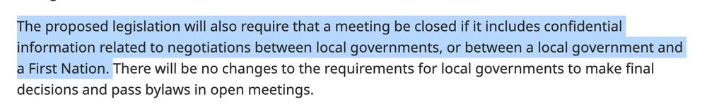 Screenshot: The proposed legislation will also require that a meeting be closed if it includes confidential information related to negotiations between local governments, or between a local government and a First Nation.