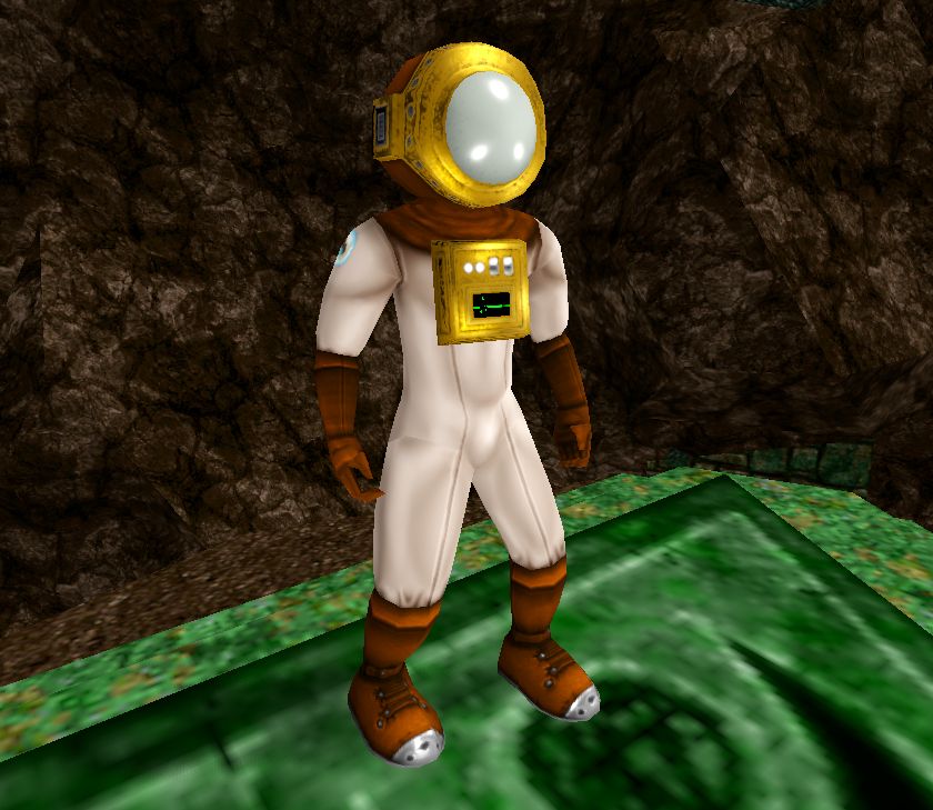 Screenshot of a character wearing a vintage-looking dive suit in the Godot Engine.
