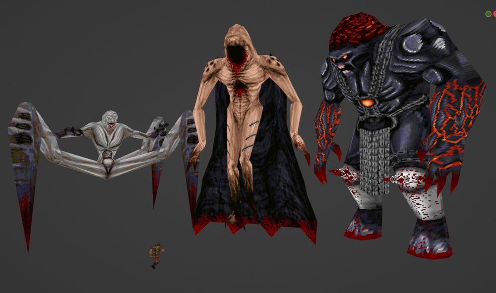 Ithagnal, Volkerh, and Goroth stare down the diminuitive by comparison Ranger, in the style of the original Quake.