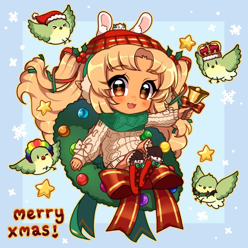 a chibi illustration of a blonde elf in a xmas outfit sat on a xmas wreath, holding a xmas bell and surrounded by birds, stars and snow