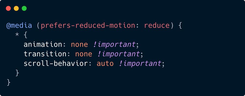 A sample code for disabling motion effects if the prefers-reduced-motion is set to reduce.