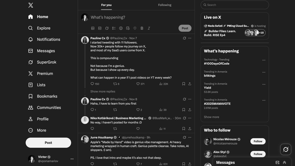 Dark-themed social feed layout with left navigation, central tweet thread and right sidebar showing trends, live stream and follow suggestions.