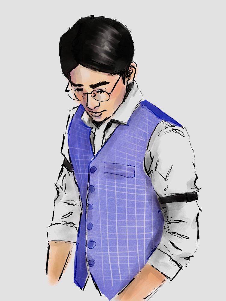 Shen Wei looking down dressed in that pretty blue suit of his. 