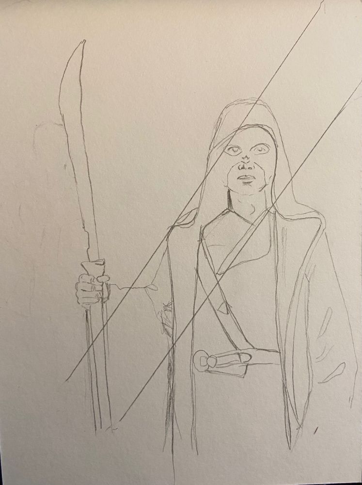 A pencil sketch of Shen Wei decked out as Hei Pao Shi. 