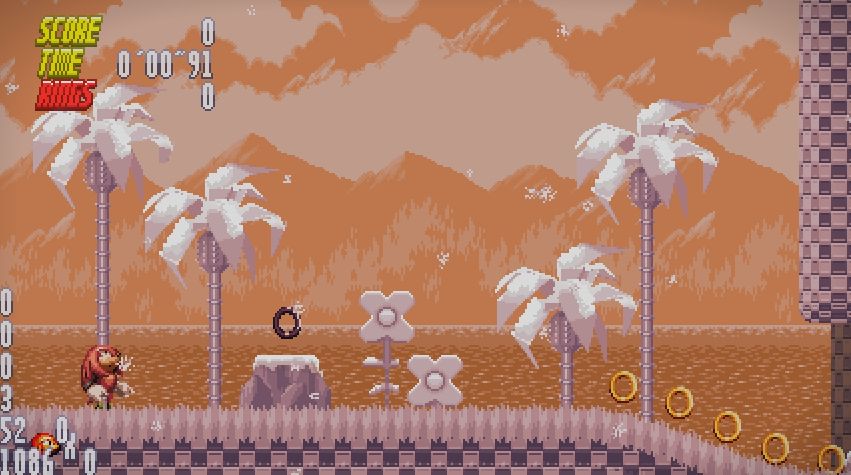 A screenshot of Version 3 of the Sonic Eclipse CGS 24 Demo, featuring a sunset version of Wily Weather Zone Act 2, & Knuckles.