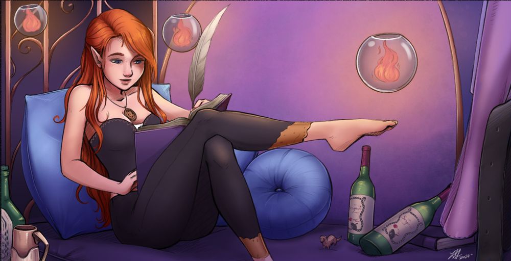 Red-headed, half-elven girl sitting on a cushion in a cozy area, writing in a book. She is surrounded by floating lights and wine bottles.
