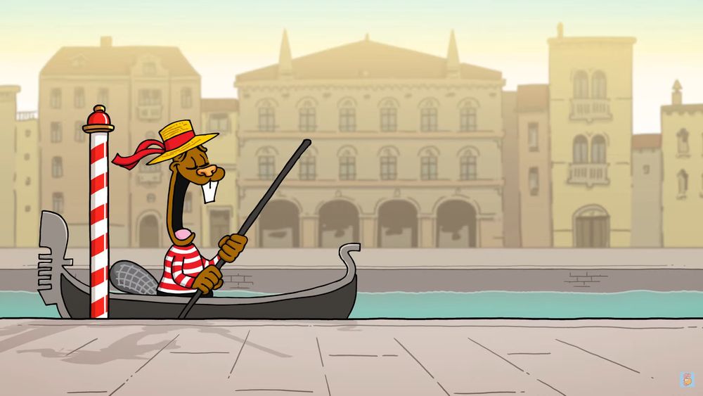 Animation still: a beaver in a gondola in a canal in Venice