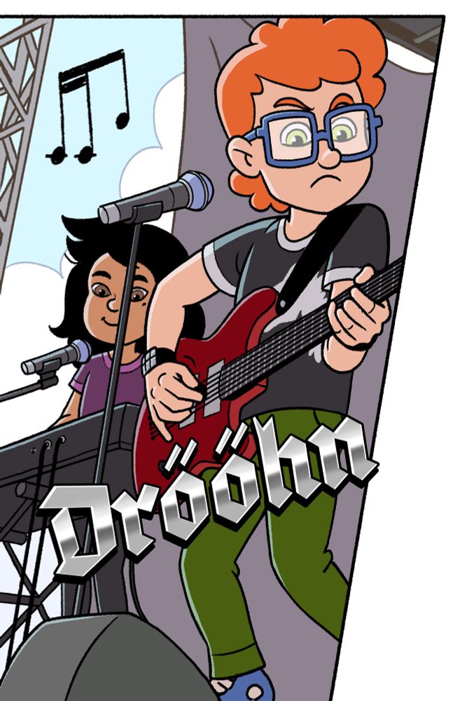 Comic panel: Two kids on a stage playing rock music with a keyboard and electric guitar. Chrome soundword: “Drööhn”
