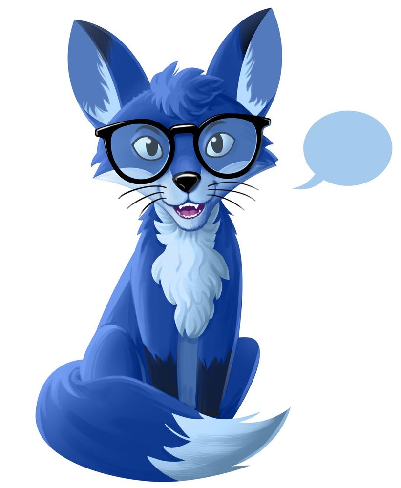 Cartoony painting of a smiling blue fox wearing big glasses on white background. 