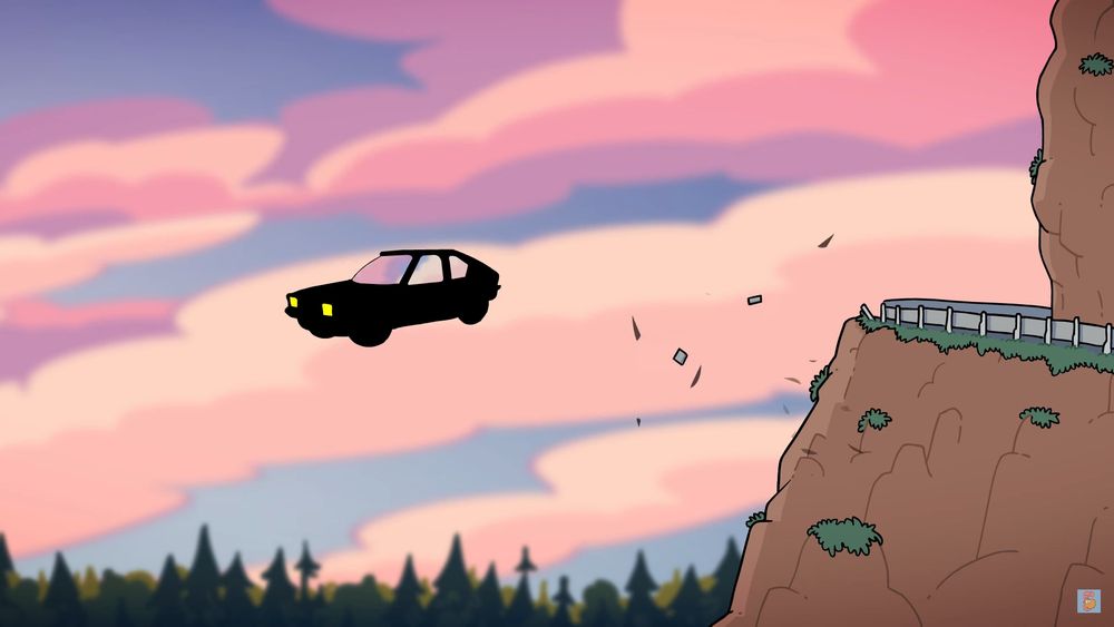 Animation still: a car drives off a steep cliff