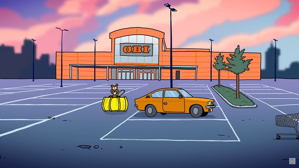Animation Still: a beaver rolls a yellow barrel towards his car in an OBI parking lot
