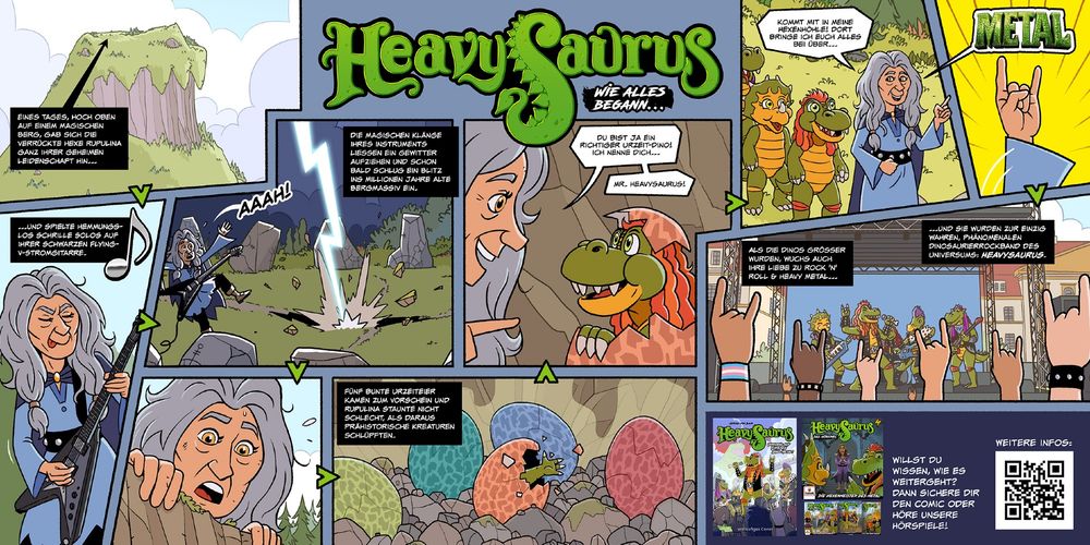 A comic page that shows a witch playing electric guitar atop a magical mountain and discovering some dinosaur eggs from which the heavy-metal kids' band Heavysaurus hatches. Title: Heavysaurus - wie alles begann...