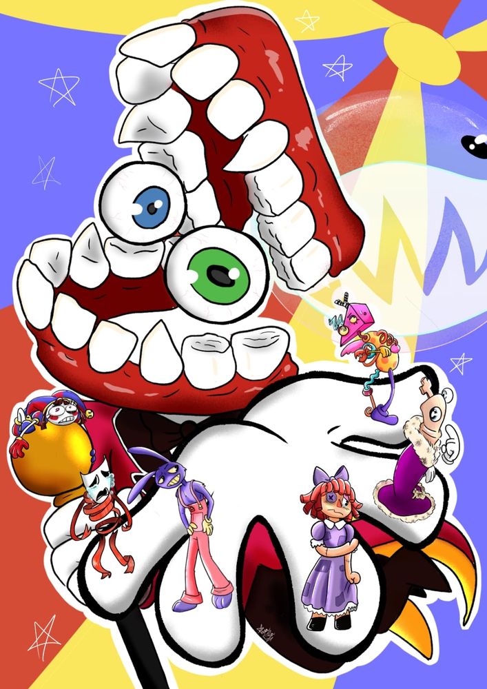 Fanart de The amazing digital circus. Caim segura os 5 personagens (gangle, Jax, ragatha, kinger e zooble) em cada dedo. Pomni se agarra tentando se Equilibrar em seu cetro. Bolha sorri ao fundo.