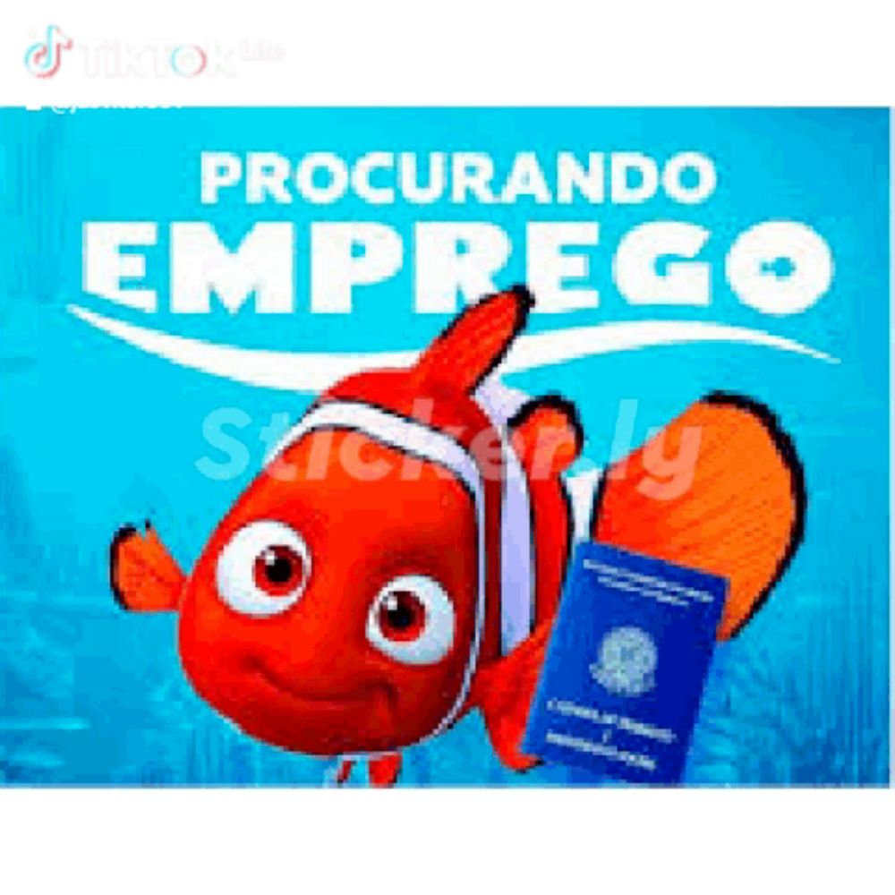 a clown fish is holding a blue passport on a blue background with the words procurando emprego written on it .