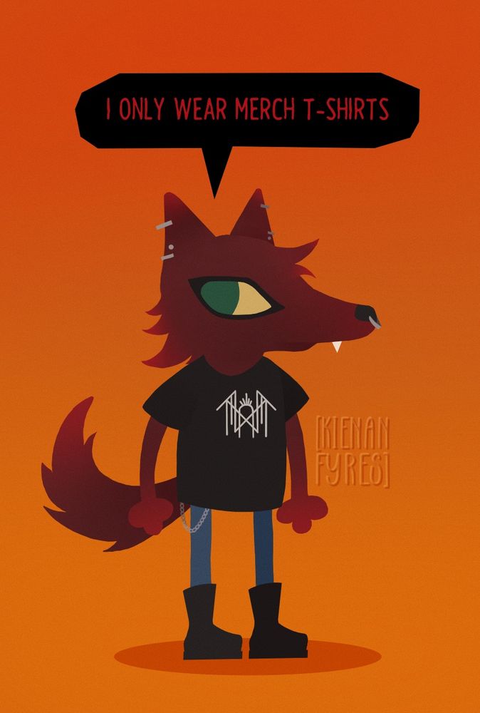 A digital illustration of a wolf with red fur and piercing wearing a black t-shirt, blue jeans and black boots in the style of Night in the Woods 