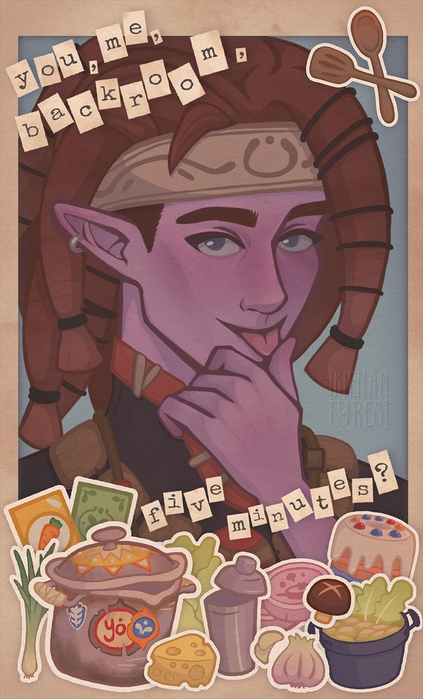 A portrait of Reth from Palia designed to look like a polaroid photo with decorative stickers of food, kitchen utensils, hotpot playing cards from the game and letters saying «You, me, backroom, five minutes?» which is one of the cheeky phrases Reth says if you romance him 😏