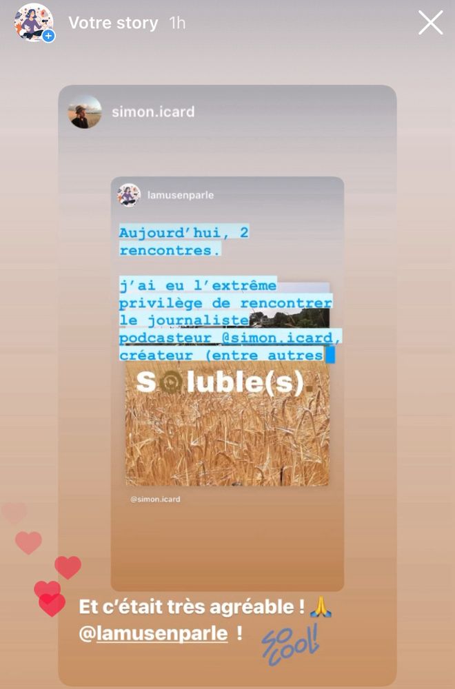 Je relaie ma story suite à la rencontre avec Simon Sicard 
Il a répondu : et c’était très agréable en citant la Muse