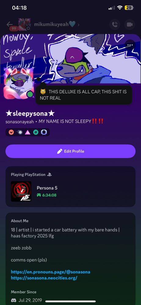 a mobile discord app activity screenshot taken at 4:18am showing i’ve been playing Persona 5 for 6 hours and 34 minutes