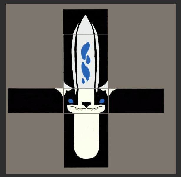 a mesma coisa da imagem anterior, mas agora tem manchas irregulares em azul, da mesma cor dos olhos, no quadrante que se refere as costas do muujin.