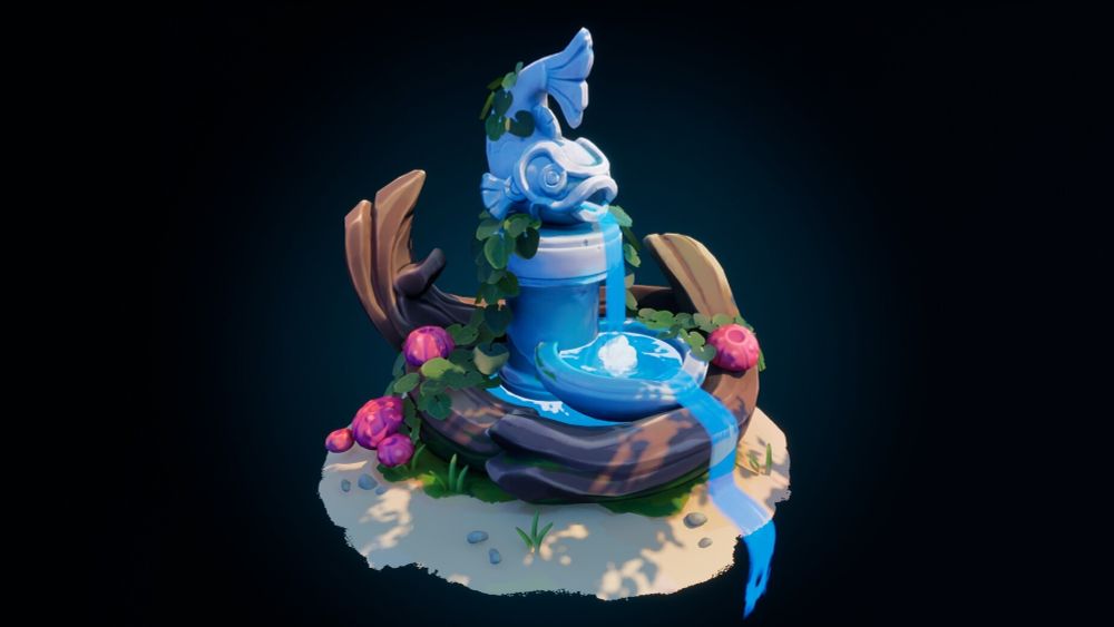 A 3D model of a fountain with a fish sculpture as the centrepiece