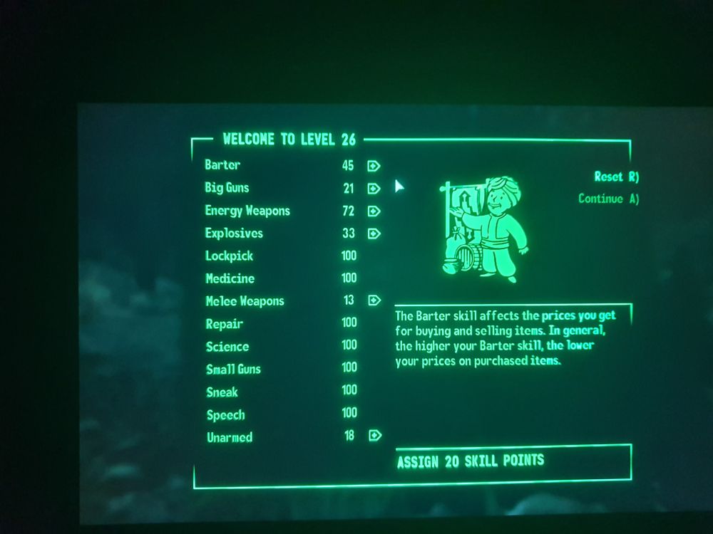 A picture of a level-up UI in Fallout 3 with the following stats: Barter 45, Big Guns 21, Energy Weapons 72, Explosives 33, Lockpick 100, Medicine 100, Melee Weapons 13, Repair 100, Science 100, Small Guns 100, Sneak 100, Speech 100, and Unarmed 18.