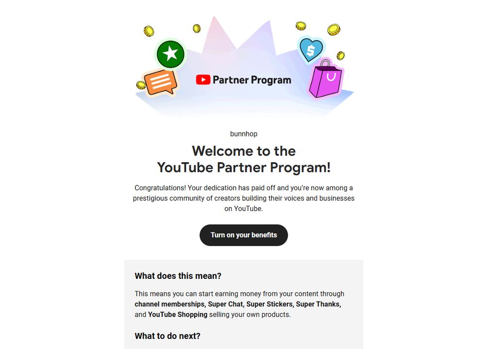 A screenshot of an email about getting accepted into the YouTube Partner Program