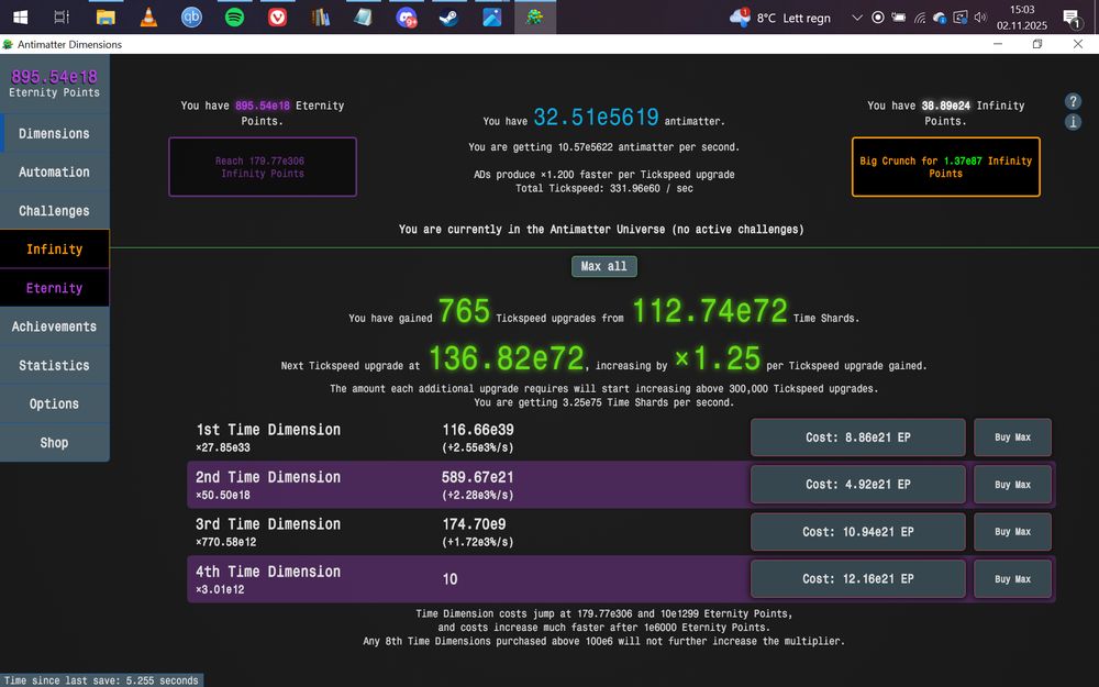 Skjermbilde av Antimatter Dimensions: Et enkelt tekstinterface med en kolonne til venstre med valg som dimensions, Automation, Challenges, Infinity, Eternity osv. I midten ser man en kolonne med 1st time dimension, 2nd time dimension osv. Det er masse forskjellige tall over alt.
