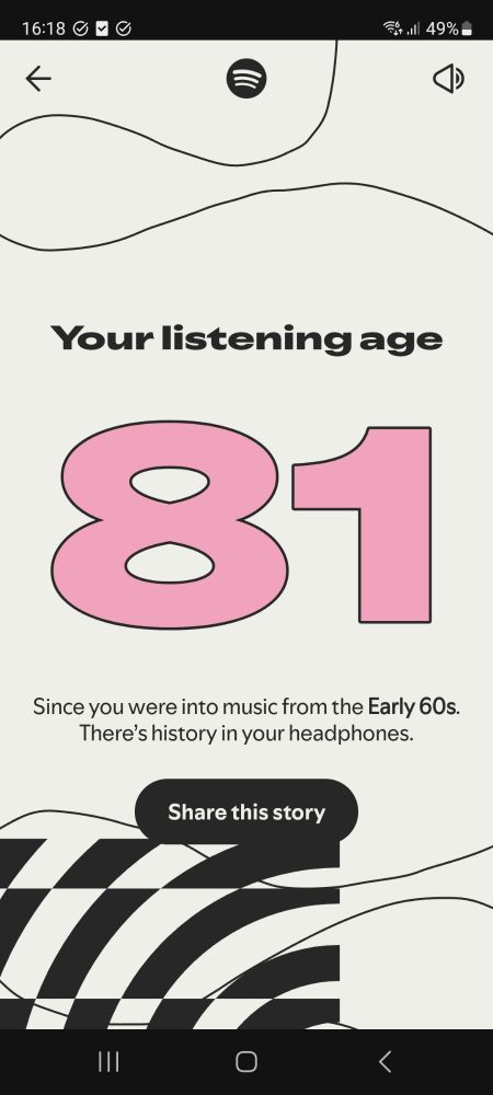 Spotify wrapped-skjermdump som oppgir min listening age som 81.
