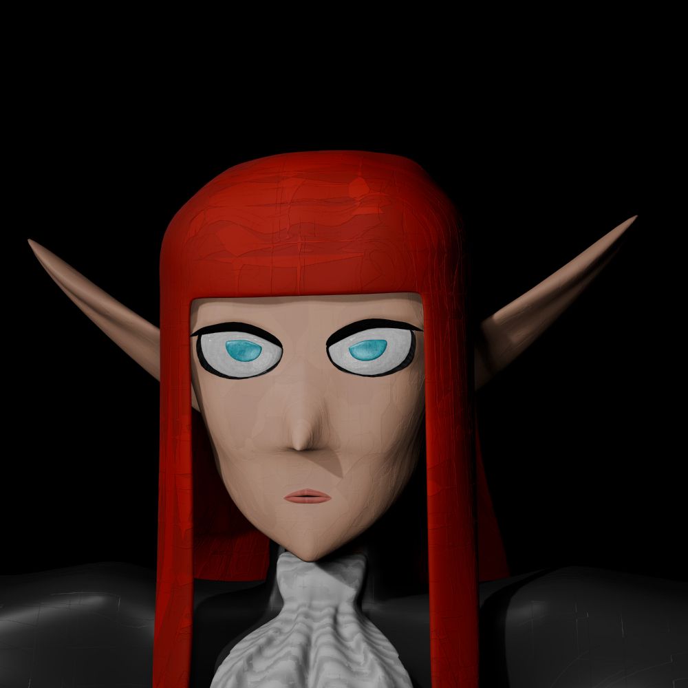 3D art of Hulkenberg from Metaphor Refantazio, shown from the neck-up. She is an elf with bright blue eyes, long red hair, sharp eyes, long ears, and she is wearing a scarf. The textures have a painted style. 