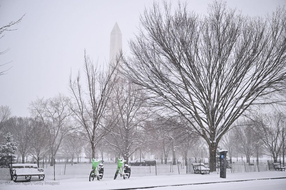 A  general view shows the Washington Monument under heavy snow fall in Washington, DC, on January 6, 2025. (Photo by Mandel Ngan for Getty Images)