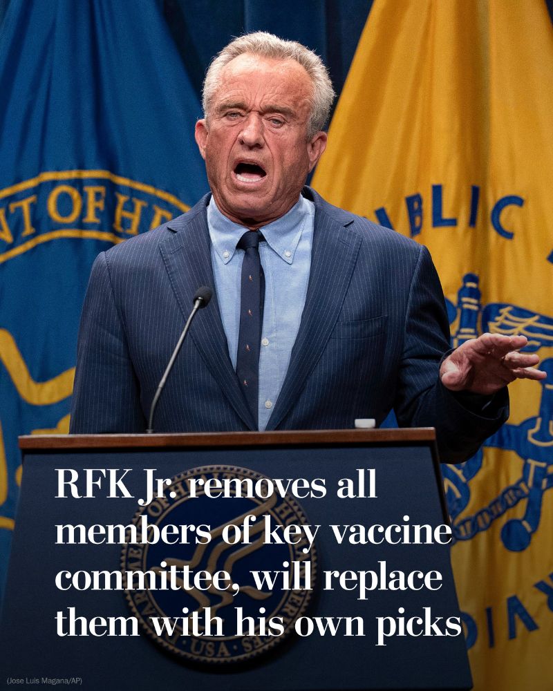 Health and Human Services Secretary Robert F. Kennedy Jr. speaks during a news conference on the Autism report by the CDC at the Hubert Humphrey Building Auditorium in Washington, April 16, 2025. The text reads, “RFK Jr. removes all members of key vaccine committee, will replace them with his own picks.” AP Photo by Jose Luis Magana.